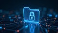 A 3D locked folder icon surrounded by streams of glowing data and binary code, symbolizing secure file storage, data privacy, and