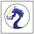 logo illustration. dragons in blue, yellow, and black. with a circle emblem