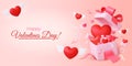 3d love banner. Valentines day poster with 3d hearts, gift box and message. Romantic present, lovely pink festive pithy