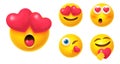 3d love emoji. Realistic emojis mood face with hearts in eyes heart fun emoticon enjoy lovers happy feelings romantic