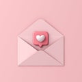 3d love letter concept heart like social media notification pin icon coming out from open pink envelope Royalty Free Stock Photo