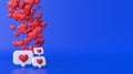 3d love like heart social media notification icon on blue color wall background