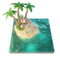 3d Low poly tropical island with sea, deck chairs under an umbrella on a beach. Travel vacation concept 3d illustration. Isolated Royalty Free Stock Photo