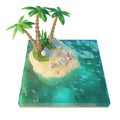 3d Low poly tropical island with sea, deck chairs under an umbrella on a beach. Travel vacation concept 3d illustration. Isolated