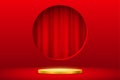 3D luxury empty gold podium and red curtain in round window of showcase studio room Royalty Free Stock Photo