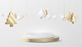 3D luxury gold and silver circle podium display with Christmas tree hanging element. Vector Illustration