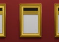 3d Luxury Golden Movie Poster Frame That Hanging On Red Wall Background With Free Space For Mock Up