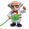 3d mad scientist character holding a green power lead with plug Royalty Free Stock Photo