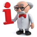 3d mad scientist character holding an information symbol