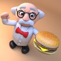 3d mad scientist professor cartoon character eating a cheeseburger burger, 3d illustration