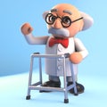 3d mad scientist professor character walking with a zimmer frame, 3d illustration