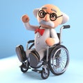 3d mad scientist professor character waving from a wheelchair, 3d illustration