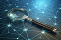A 3D magnifying glass hovering over a digital network revealing intricate nodes and connections that symbolize the powerful search