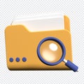 3d magnifying glass and yellow folder with files. Concept of document search. Search folder in 3d render. 3d rendering Royalty Free Stock Photo