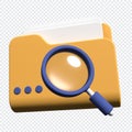 3d magnifying glass and yellow folder with files. Concept of document search. Search folder in 3d render. 3d rendering Royalty Free Stock Photo