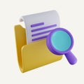 3d Magnifying glass and yellow folder with files. concept of document search. search file storage database via magnifier