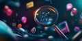3D Magnifying Glass Focuses on Digital Data Cluster with Icons and Analysis