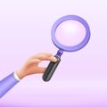 3d magnifying lens, minimal style hand hold magnifier. Glass optical tool, business menu symbol, search frame, button