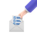 3d mail envelope icon with task management todo check list in hand holding. Minimal email letter with letter paper read