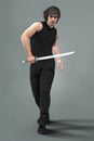 Rendering of a handsome urban fantasy man walking towards the camera holding a sword