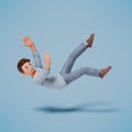 3d man character slipped and fell backwards while walking on a blue background