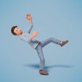 3d man character slipped and fell backwards while walking on a blue background