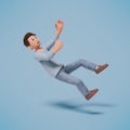 3d man character slipped and fell backwards while walking on a blue background