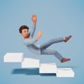 3d man character slipped and fell while going down the stairs with a blue background