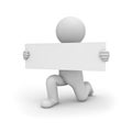 3d man getting down on one knee and showing long blank sign board isolated over white