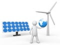3d man holding earth with solar panels and wind turbine
