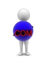 3d man holding a sphere with - .com text projected concept