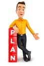3d man leaning against cubes with the word plan