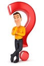 3d man leaning back against question mark
