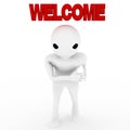 3d man leaning down to welcome with welcome text on top illustration