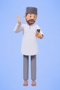 3d man muslim greeting, greeting, pointing and holding phone while smiling with blue background