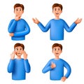 3D man. Person emoji avatar. Sad or happy emotion expression. Surprise cartoon face. Businessman icon render. Hand