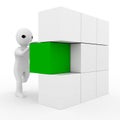 3d man putting green cube in wall arragement of cubes illustration