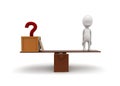3d man with question mark and standing on seesaw for balance concept Royalty Free Stock Photo