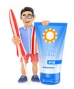 3D Man in shorts with umbrella towel and sunscreen