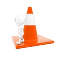 3d man showing stop gesture by his hand while standing on a large traffic cone concept Royalty Free Stock Photo