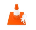 3d man showing stop gesture by his hand while standing on a large traffic cone concept Royalty Free Stock Photo