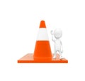 3d man showing stop gesture by his hand while standing on a large traffic cone concept Royalty Free Stock Photo