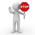 3d man showing stop gesture and holding stop sign over white background with shadow