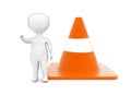 3d man showing stop gesture using his hand while standing near to a large traffic cone concept Royalty Free Stock Photo