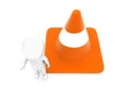 3d man showing stop gesture using his hand while standing near to a large traffic cone concept Royalty Free Stock Photo