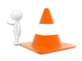 3d man showing stop gesture using his hand while standing near to a large traffic cone concept Royalty Free Stock Photo