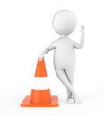 3d man showing stop gesture using his hand while standing near to a large traffic cone concept Royalty Free Stock Photo