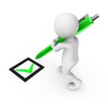 The 3d man signs with a green pen. Royalty Free Stock Photo