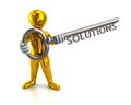 3d man and silver key with word solutions Royalty Free Stock Photo