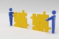 3d man, small person inserting last part of a puzzle. 3d rendering Royalty Free Stock Photo